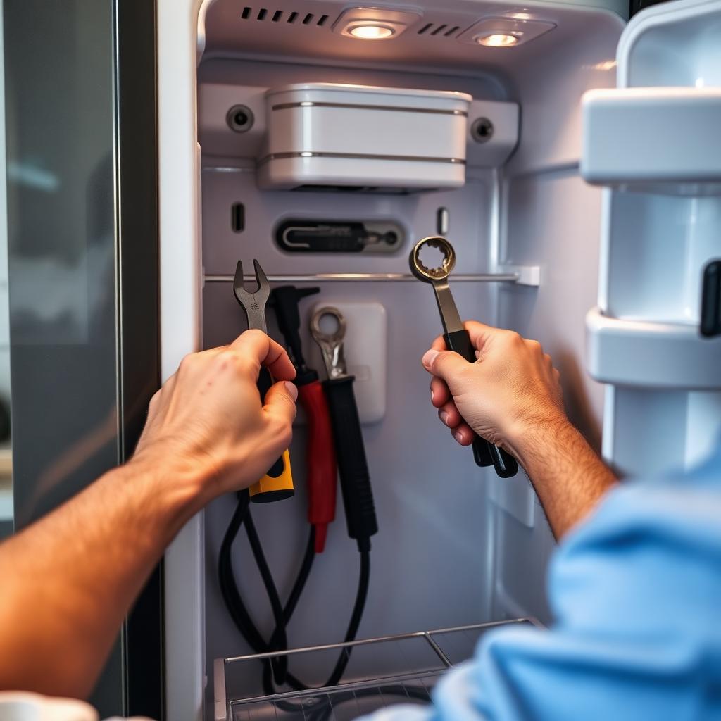 Technician diagnosing a refrigerator interior