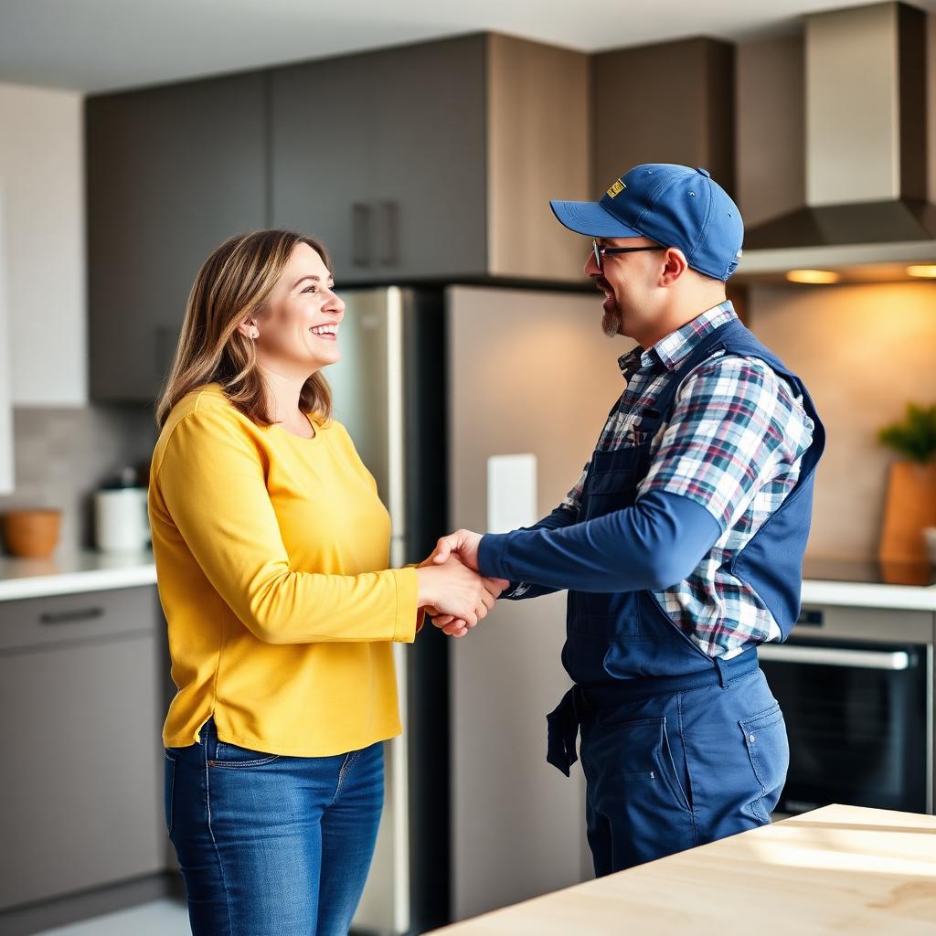 Happy new customer greeting FIXITPROF technician